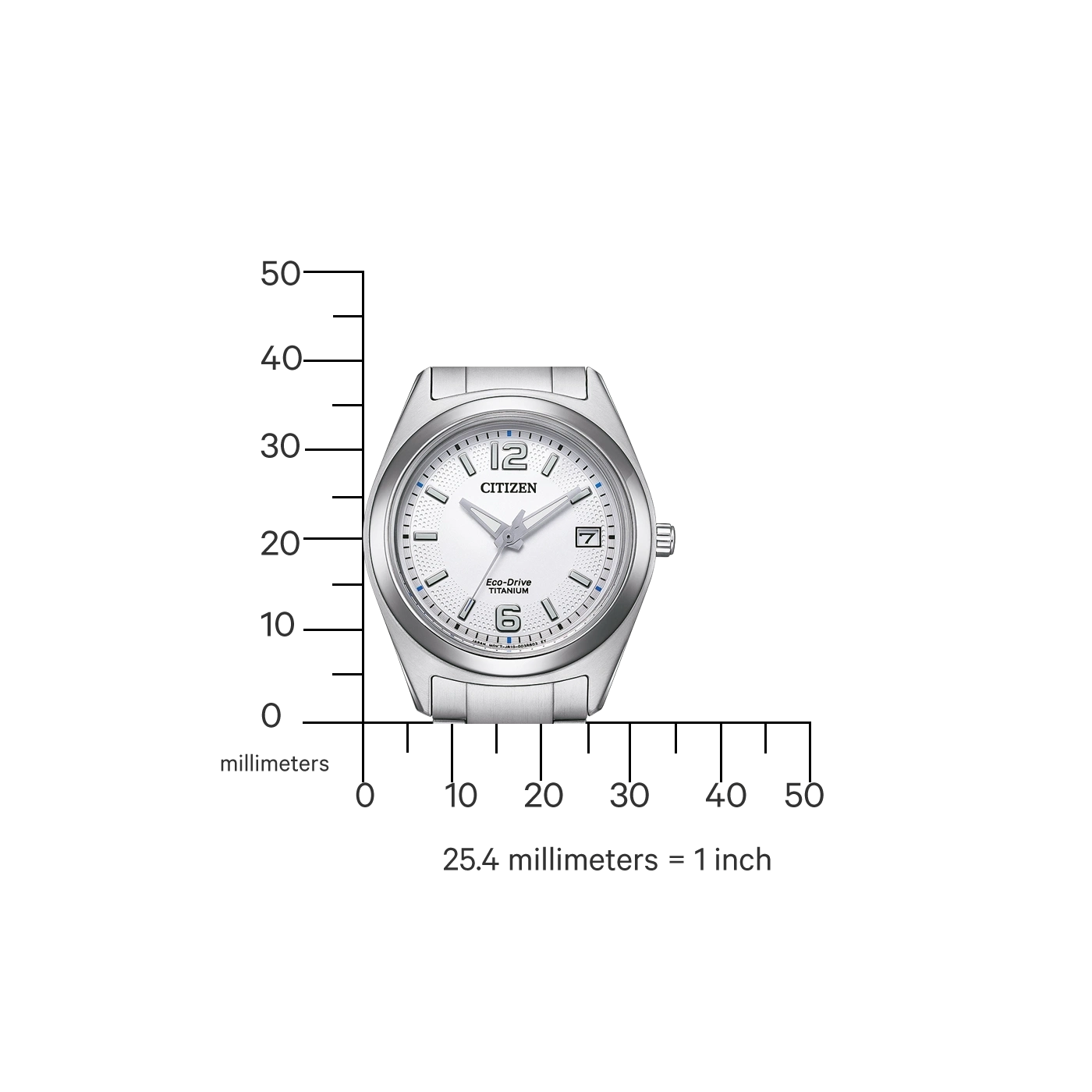 Citizen watch with white face and titanium band, measuring scale in millimeters.