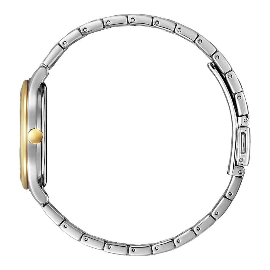 Side view of a silver watch with a gold-colored face and band.