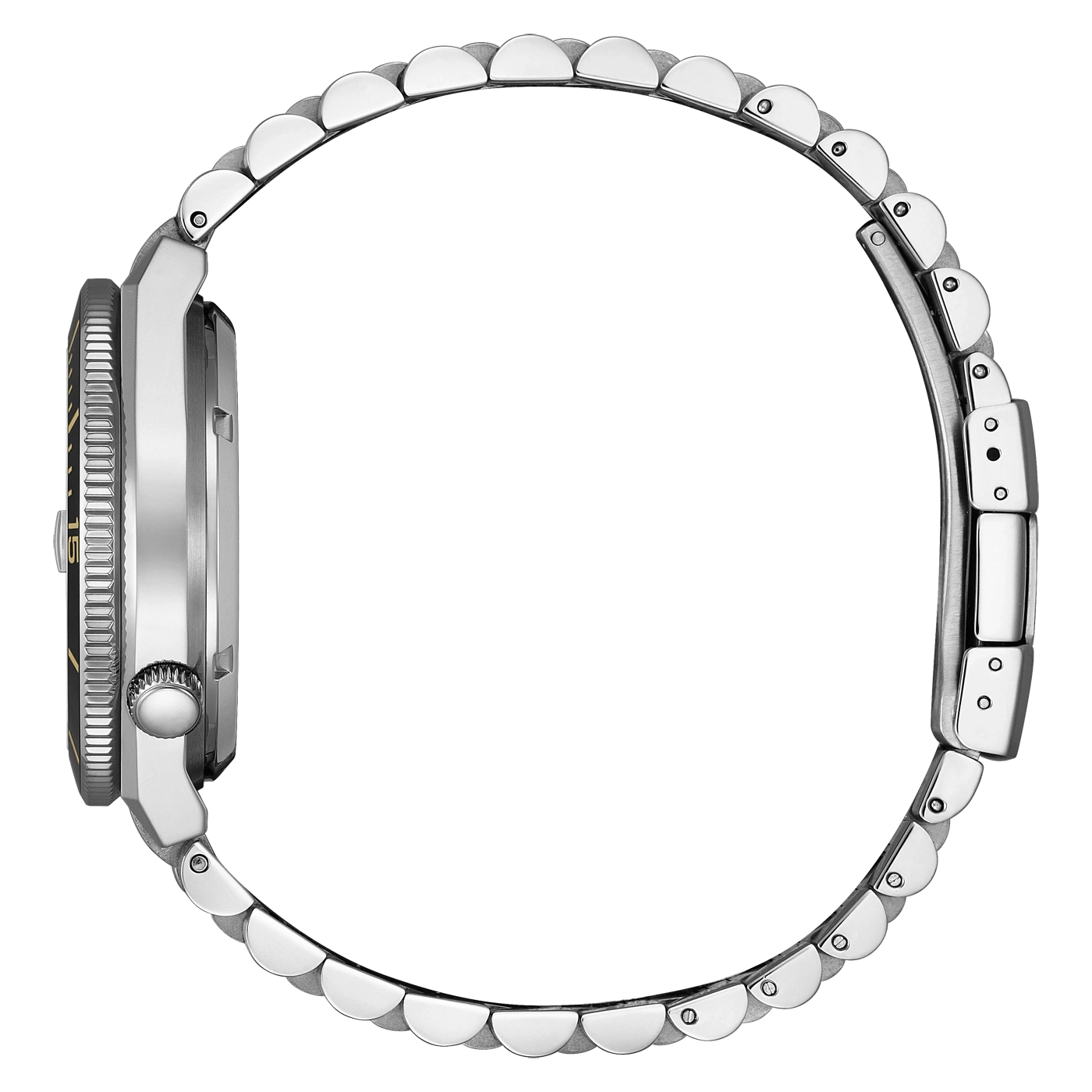 A silver watch bracelet from a side profile, isolated on white.