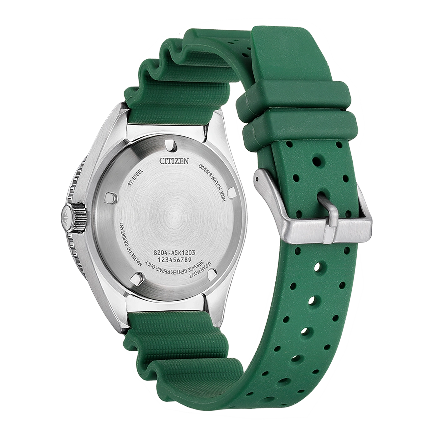 Citizen watch, green strap, stainless steel, diver's watch, back view, close-up