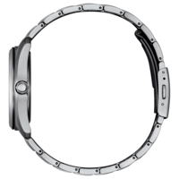 Side view of a silver watch band and case