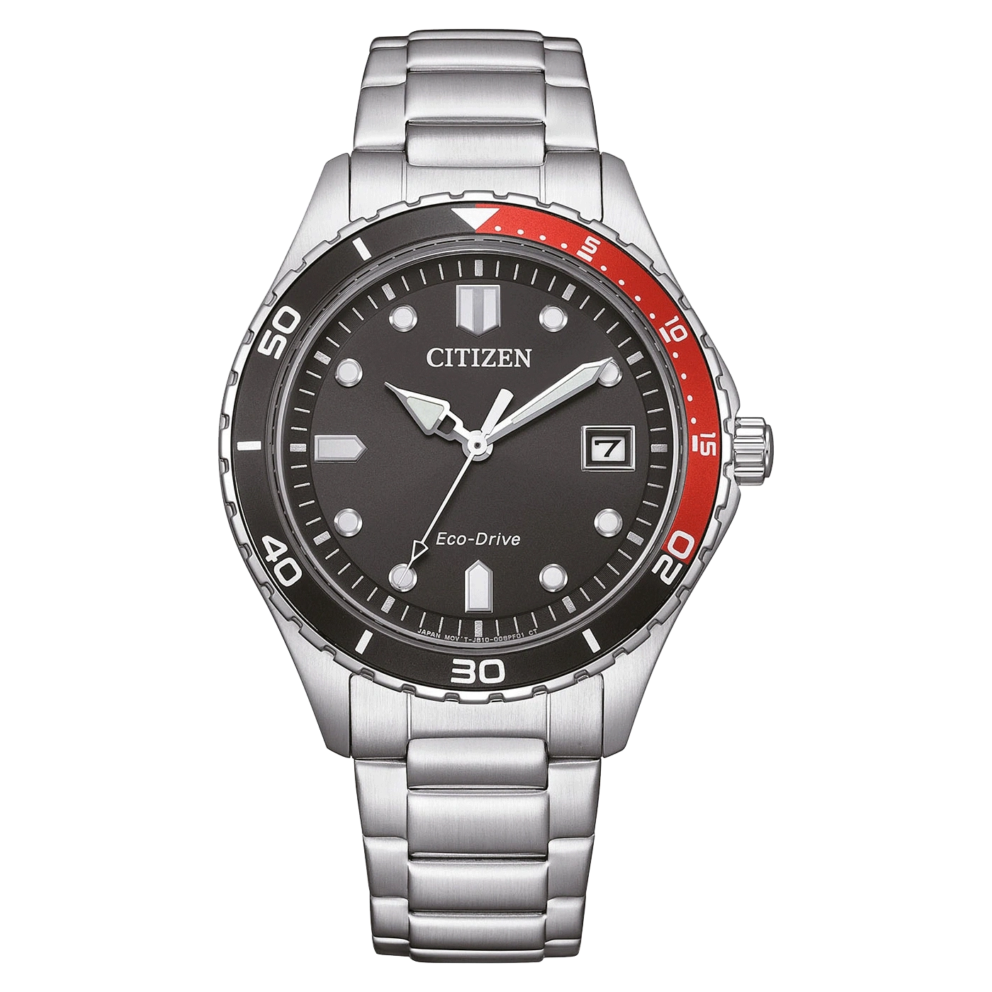 Citizen watch with black dial, red bezel, and silver bracelet. Eco-Drive.