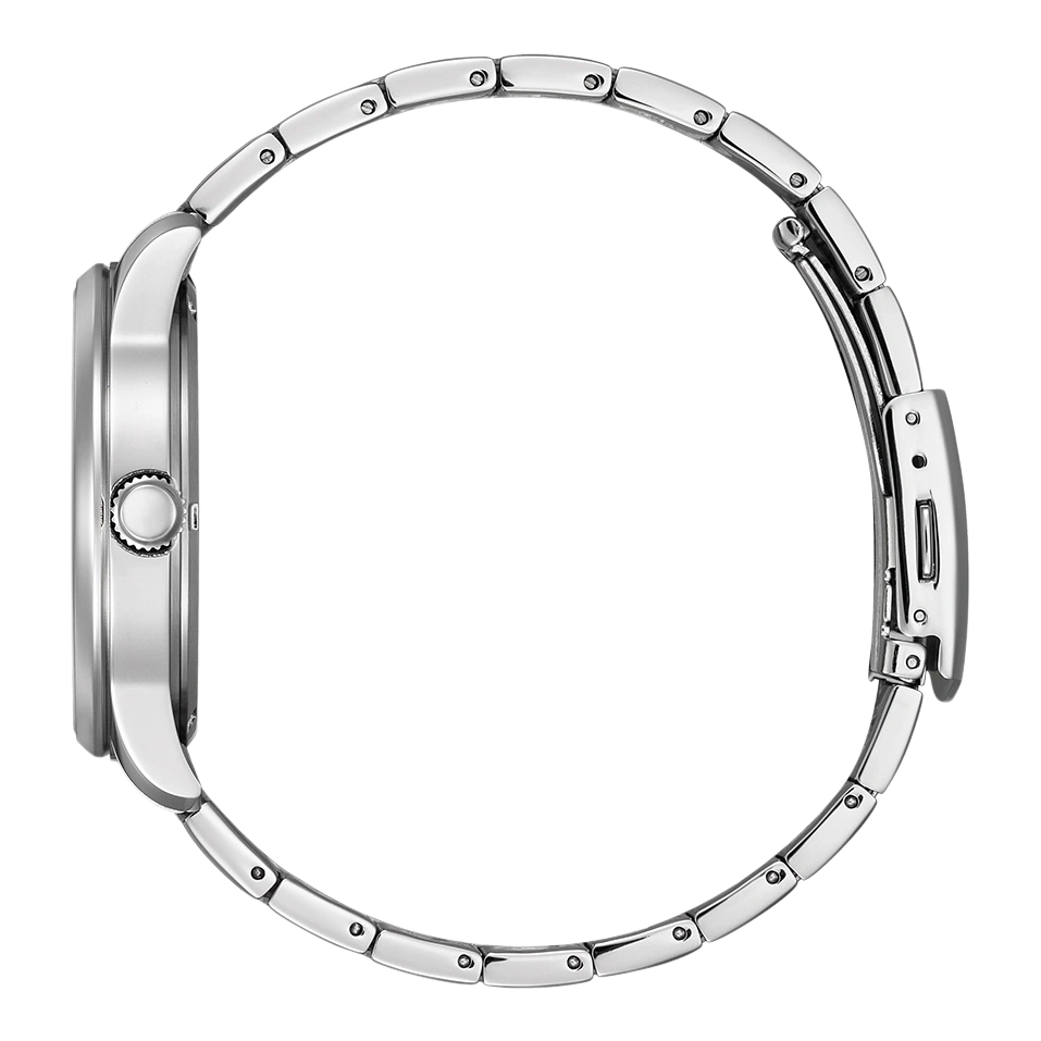 Silver watch with a round face and a metal band, side view.