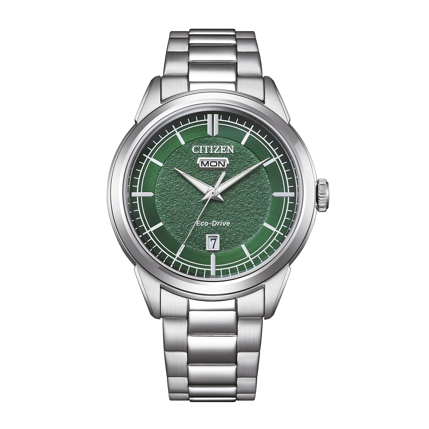 A green Citizen Eco-Drive watch with a silver band.