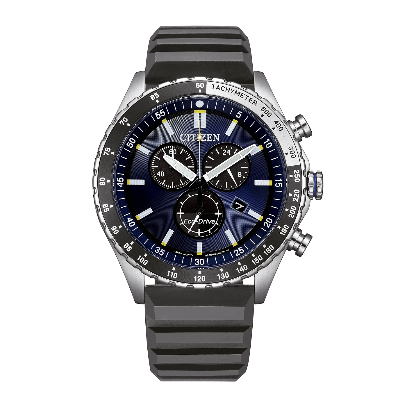 A blue Citizen Eco-Drive watch with a tachymeter bezel and black strap.