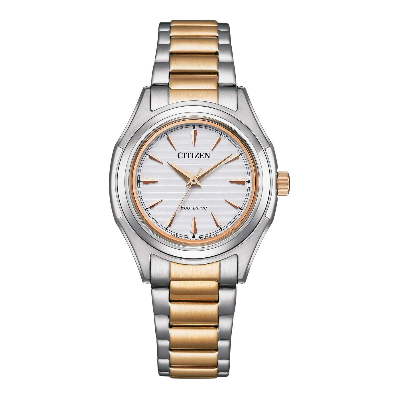 Citizen watch with a silver and gold band and white face.