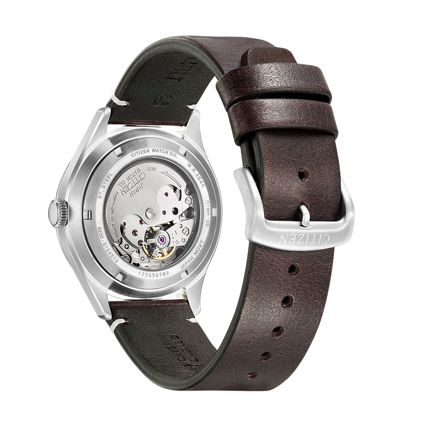 Citizen watch back with leather strap, showing the mechanism and brand details.