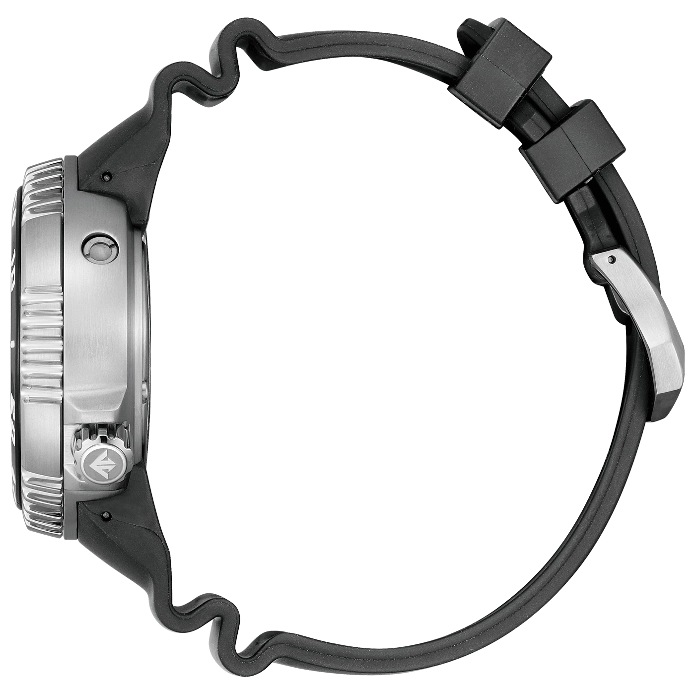 Side view of a silver watch with a black rubber strap.