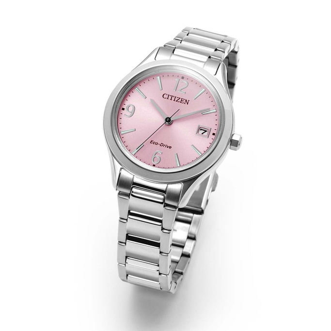A silver Citizen Eco-Drive watch with a pink dial and silver band.