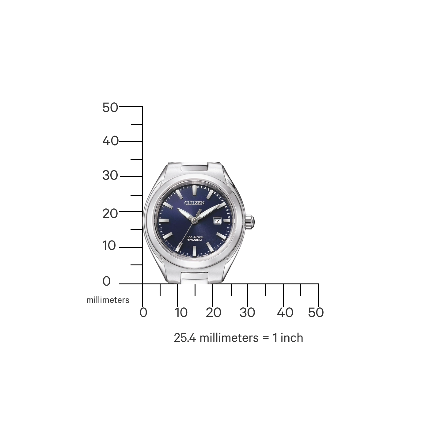 Citizen watch with blue face, titanium, Eco-Drive, and a millimeter scale.