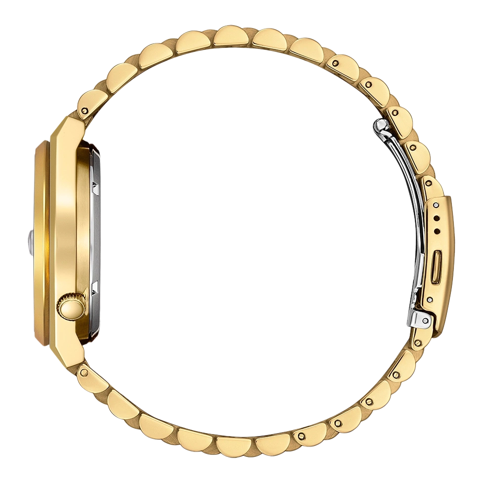 Gold watch with a gold band, side view, elegant and stylish.
