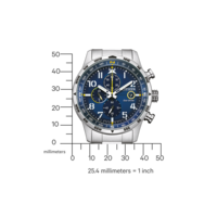 Citizen watch with blue face, chronograph, and compass markings, measuring in millimeters.