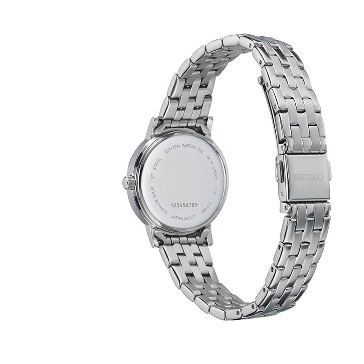 Citizen watch, stainless steel, round face, silver bracelet, back view, elegant design