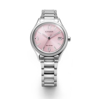 A silver Citizen Eco-Drive watch with a pink dial and silver band.