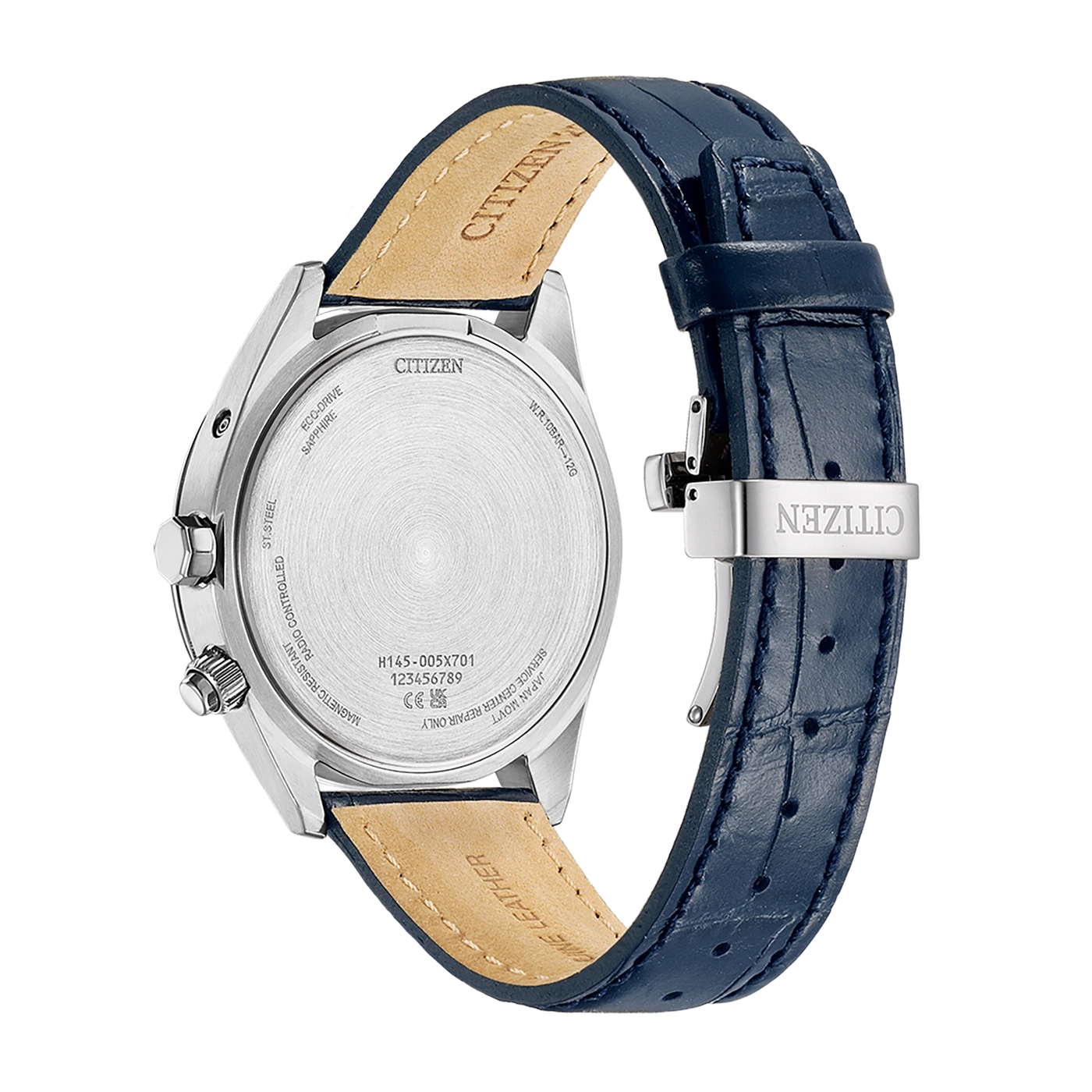 Citizen watch back, sapphire, leather strap, radio controlled, magnetic resistant.