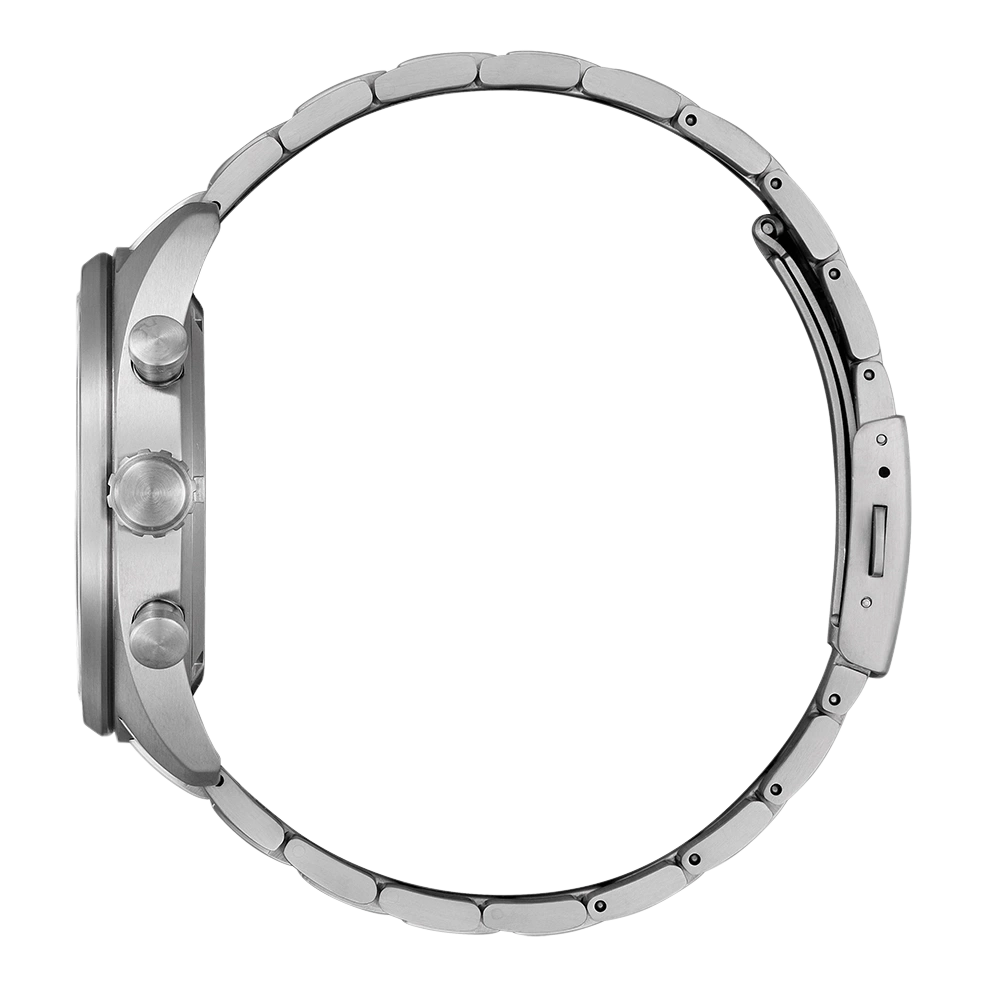 Side view of a silver wristwatch with a metal band.