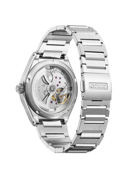 Citizen-Uhr, Rückseite mit sichtbarem Mechanismus und Metallarmband, Edelstahl