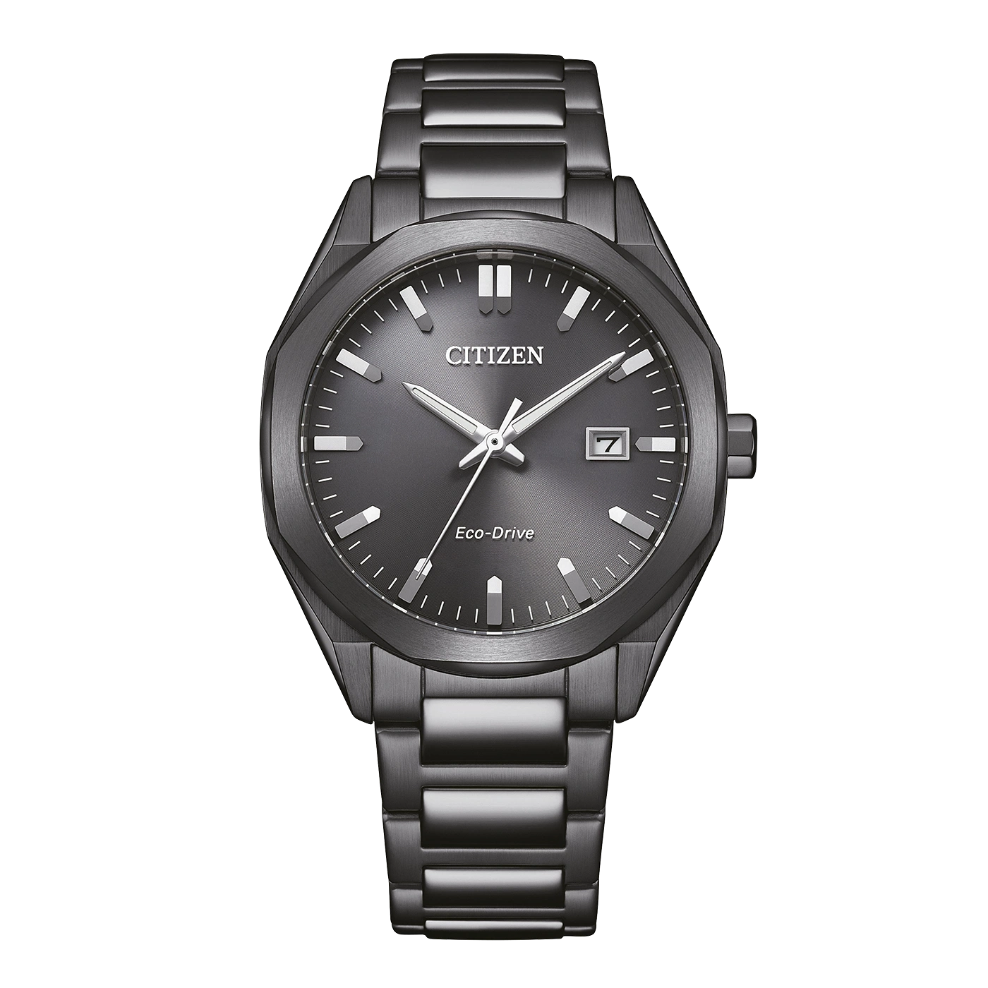 A dark grey Citizen Eco-Drive watch with a metal band.