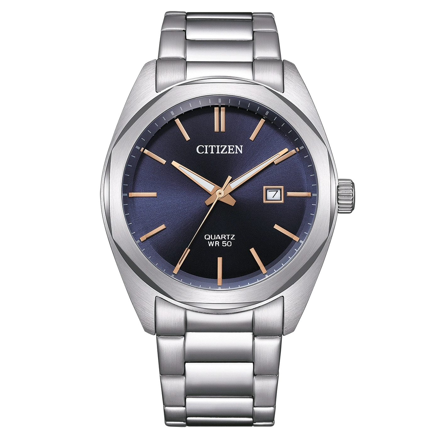 Citizen watch with a blue dial and silver strap, elegant design.