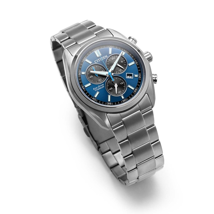 A Citizen Eco-Drive titanium chronograph watch with a blue dial.