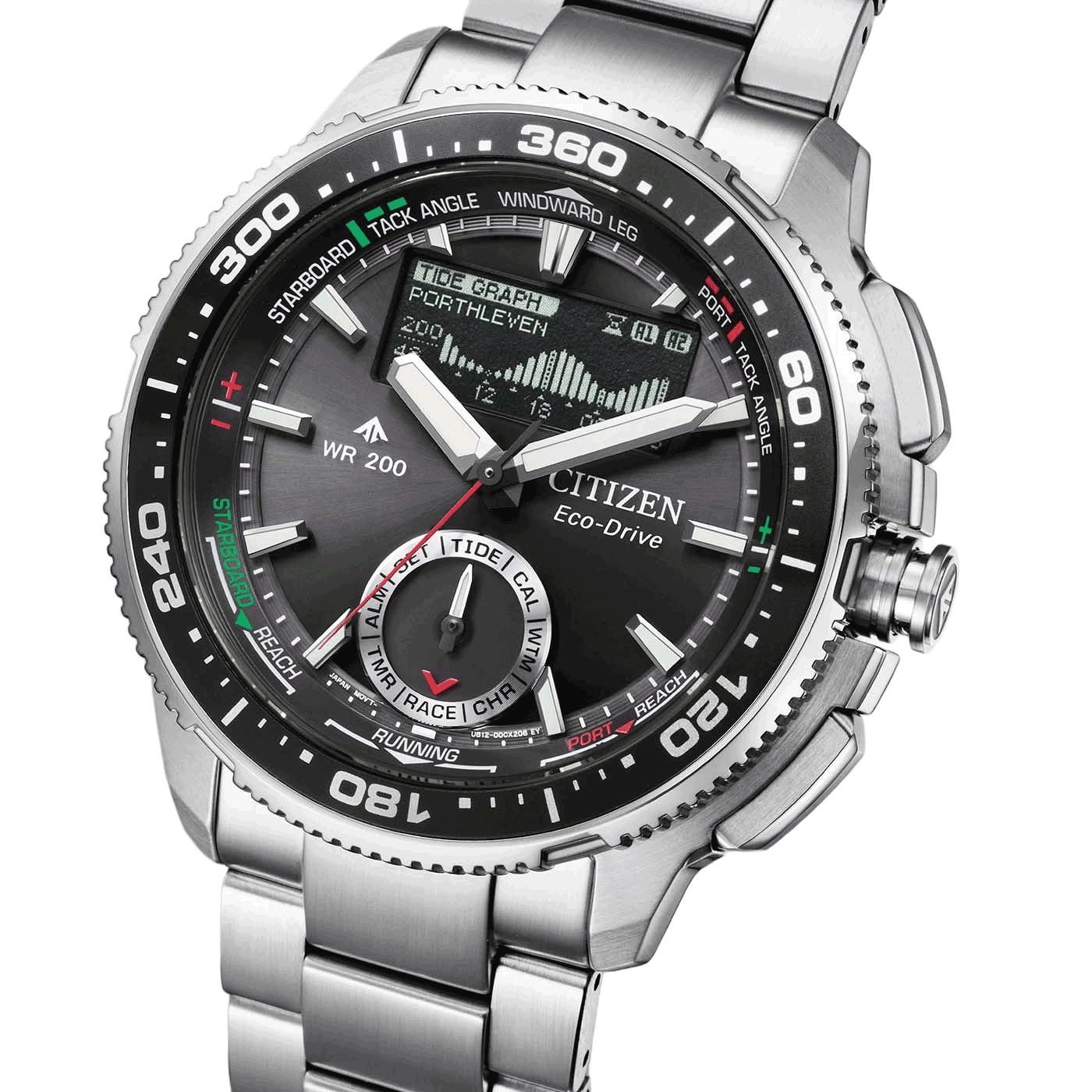 A close-up shot of a Citizen Eco-Drive watch with a black dial and silver band.
