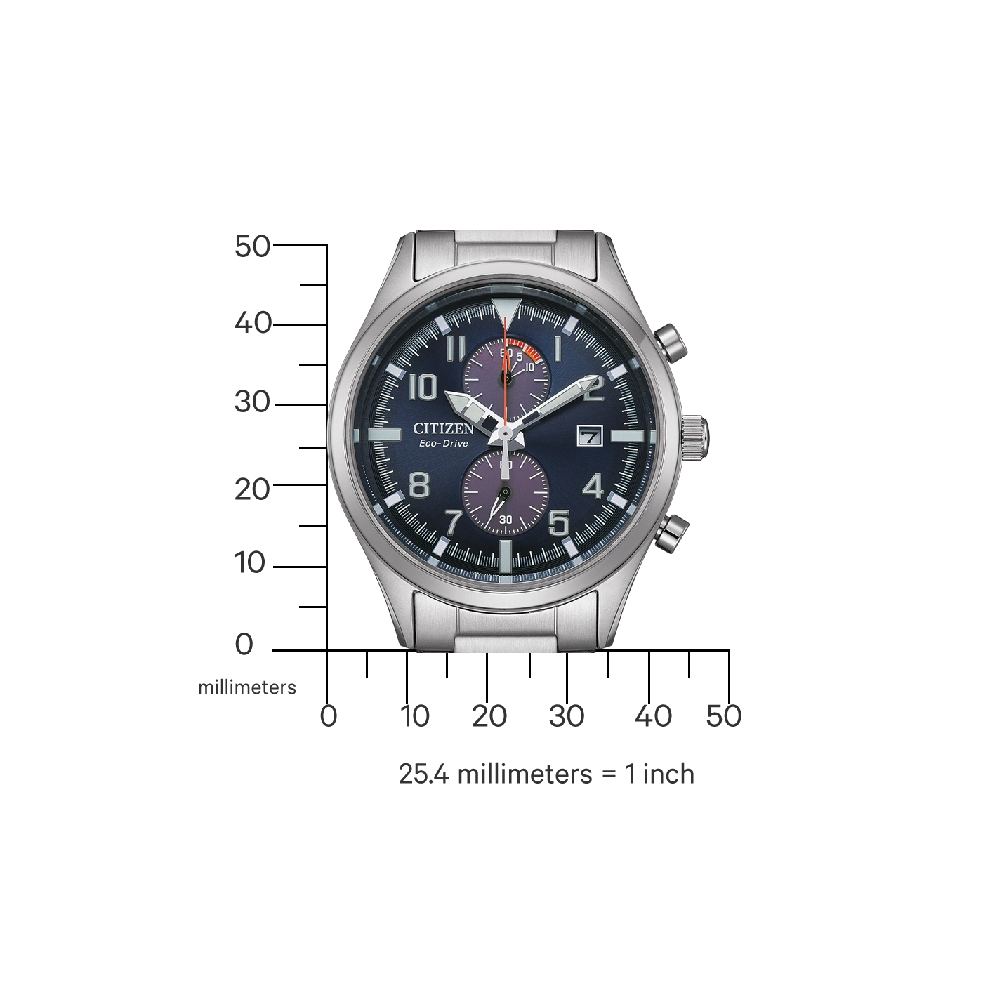 Citizen Eco-Drive watch with a blue face and silver band, showing measurements.