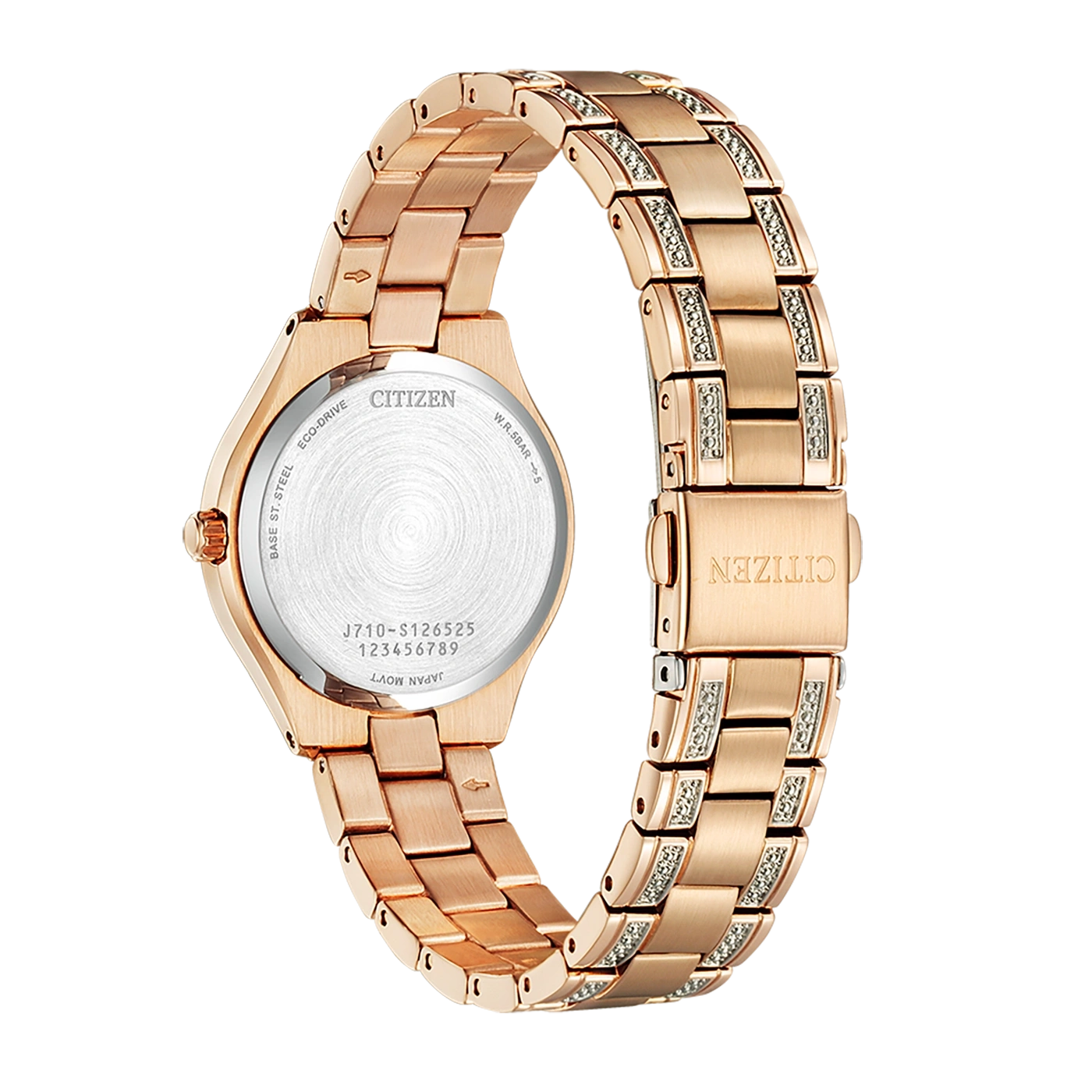 Citizen watch, rose gold, Eco-Drive, back view, with details of the strap and clasp.