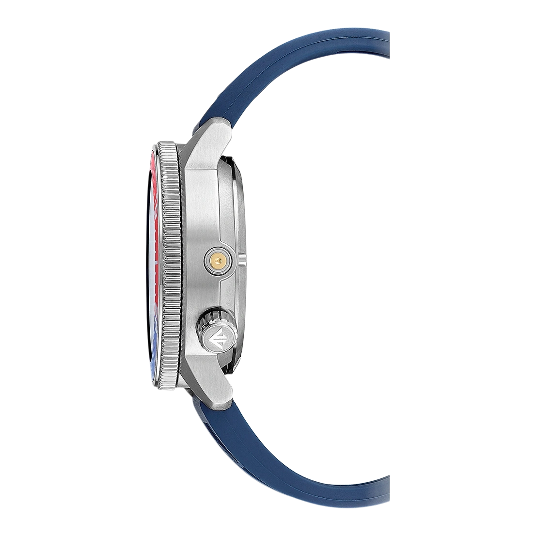 Side view of a silver watch with a blue strap and a colorful dial.