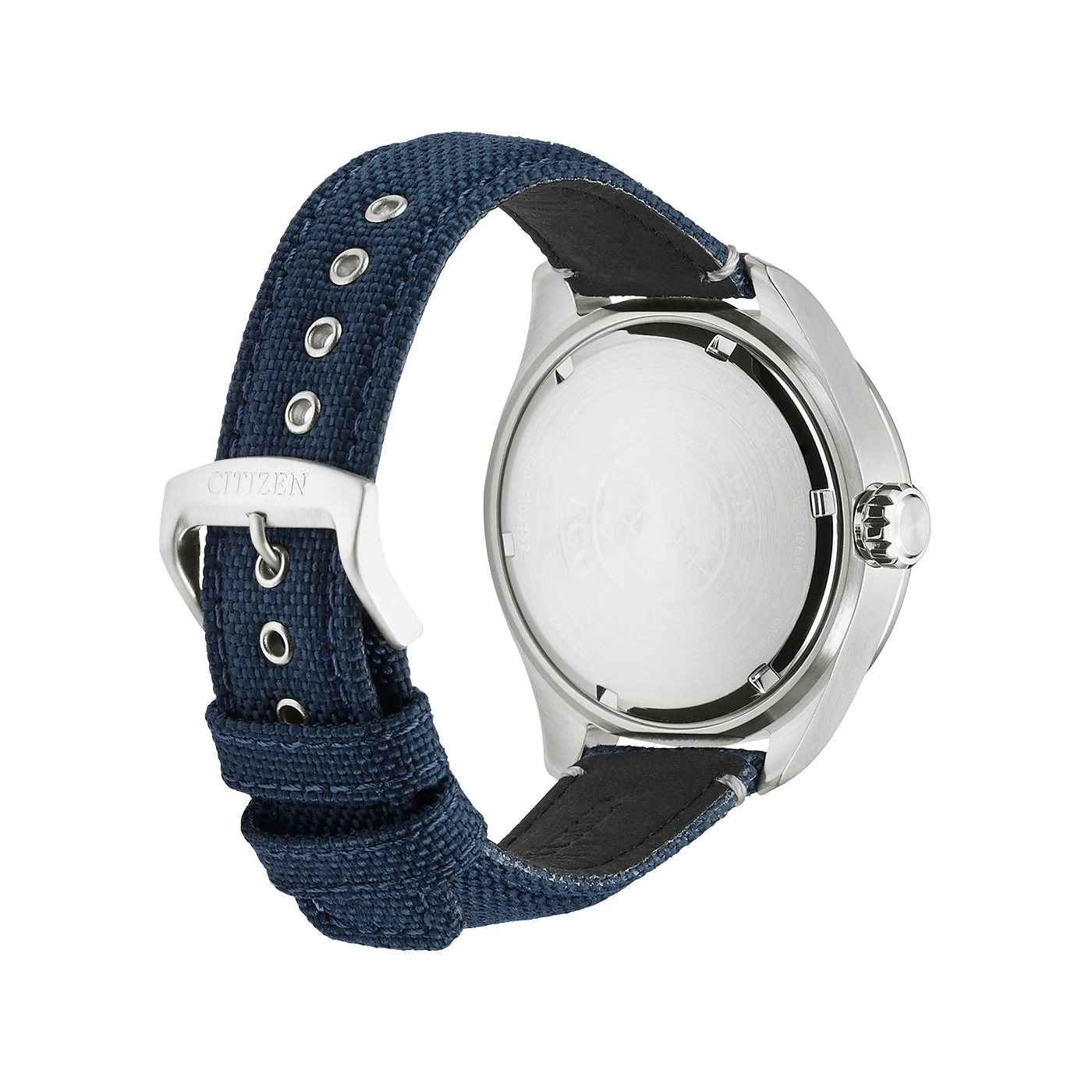 Citizen watch with a blue strap, back view, stainless steel case