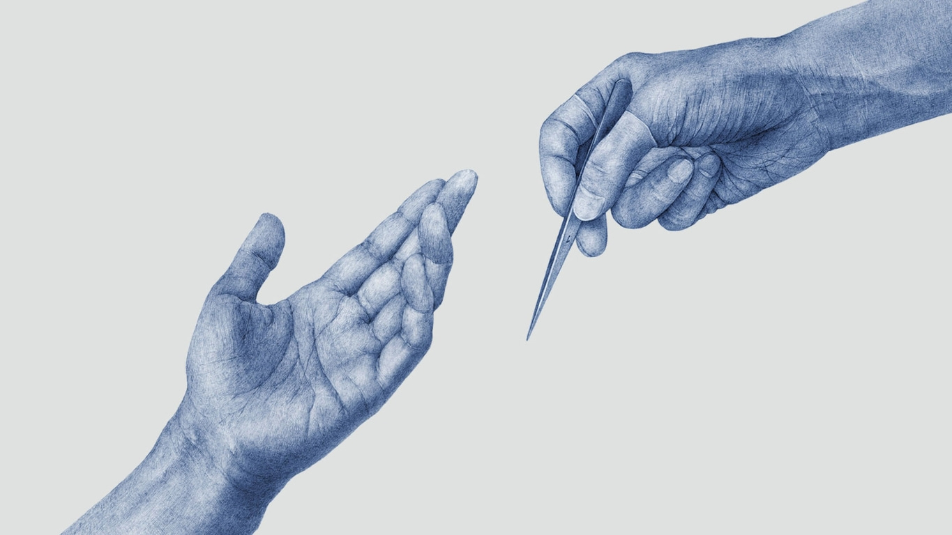 Two hands reaching, one holding tweezers, blue drawing on a light background