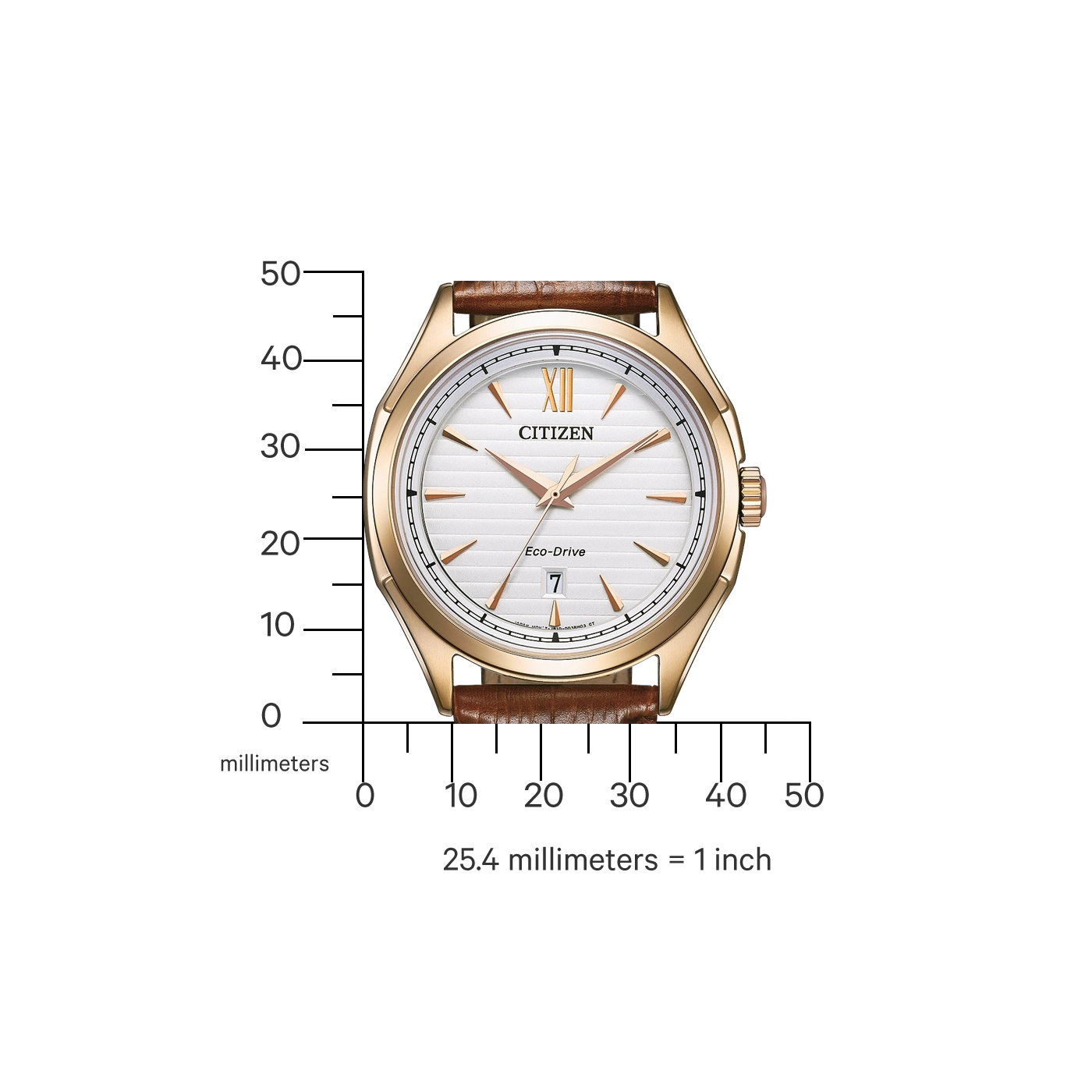 Citizen Eco-Drive watch with a white face and brown leather strap, gold case.