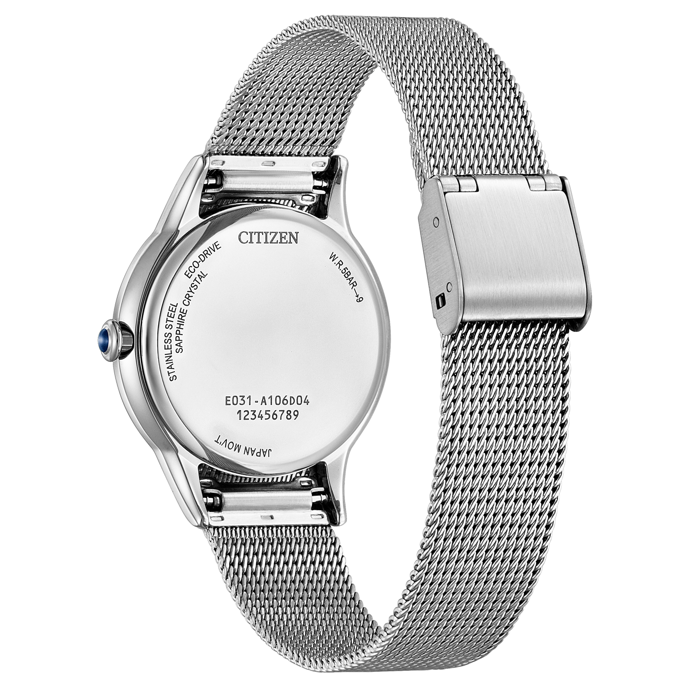 Citizen watch, stainless steel, sapphire crystal, Eco-Drive, mesh strap, silver