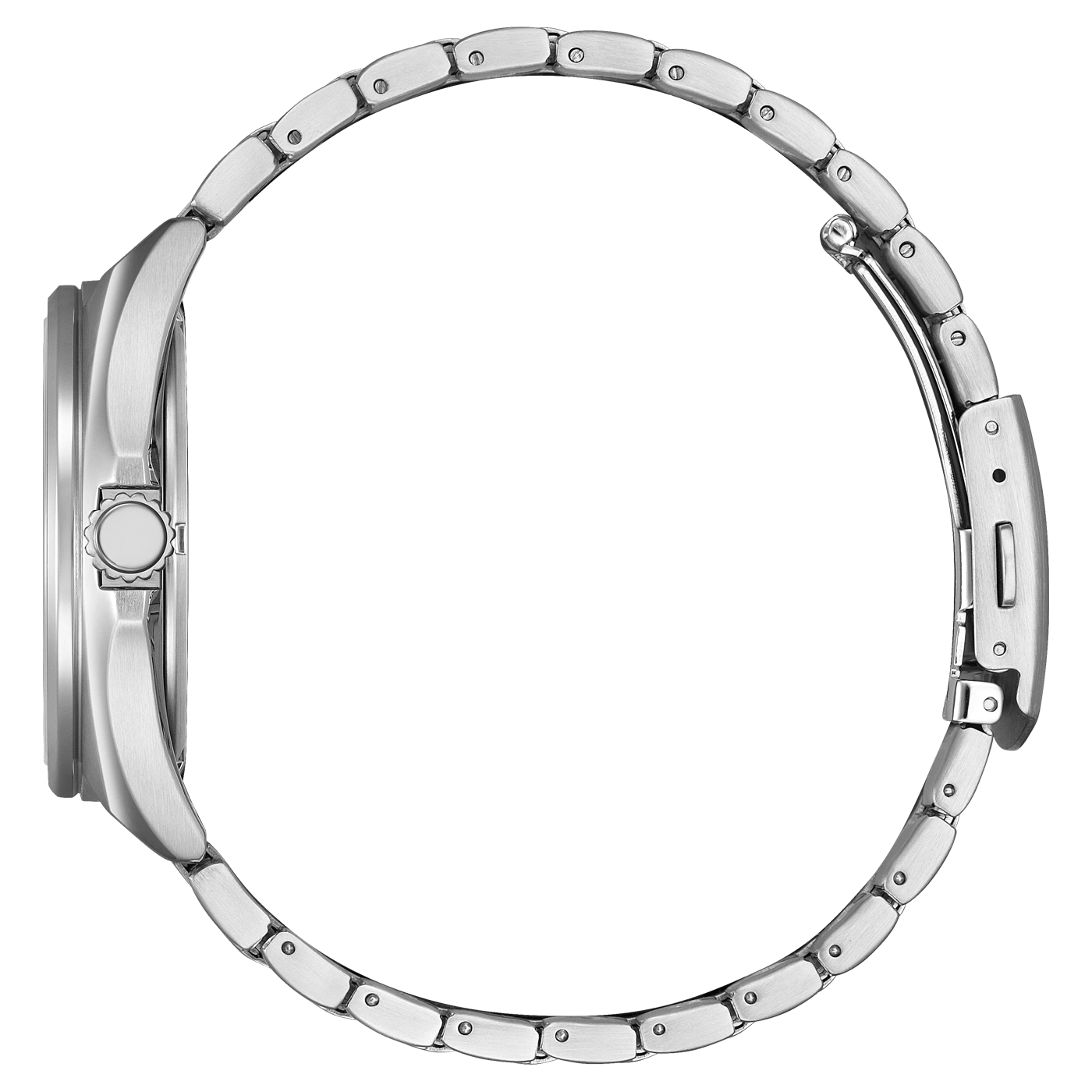 Side view of a silver wristwatch with a metal band, elegant design.