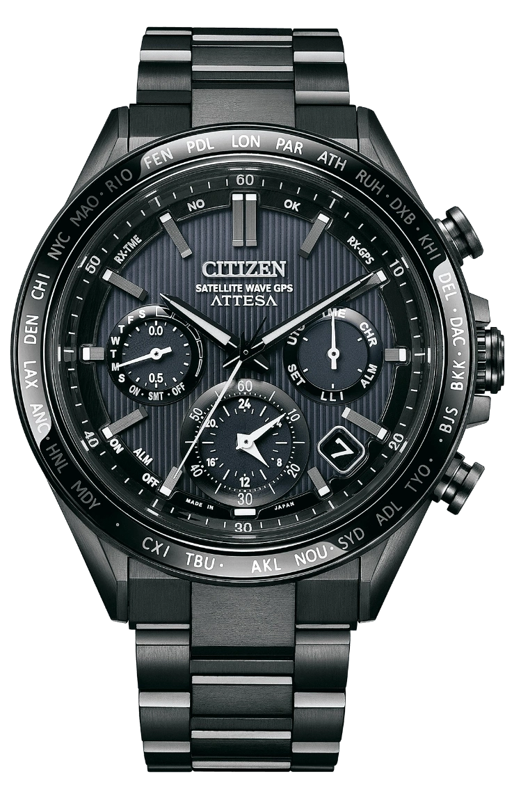 Black Citizen Attesa watch with multiple dials and world time indicators, a stylish accessory.
