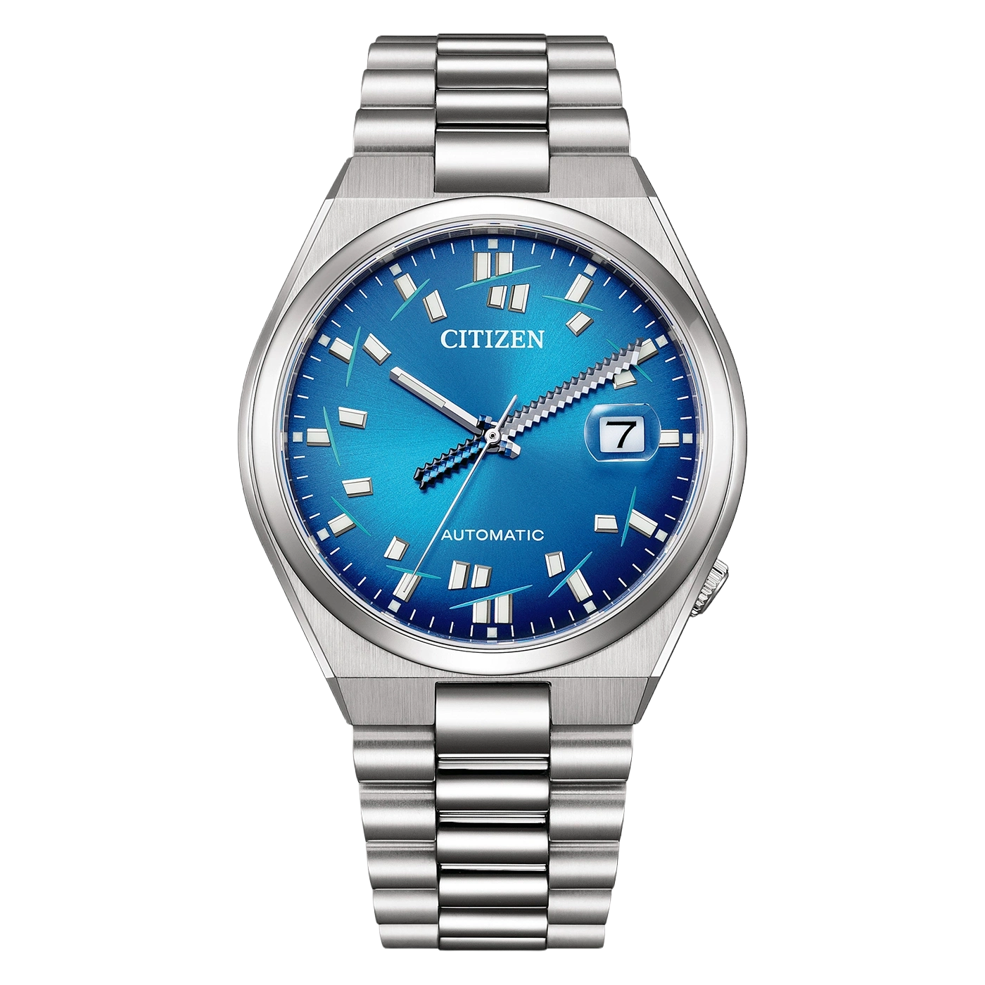 A blue Citizen automatic watch with a date window and metal band.