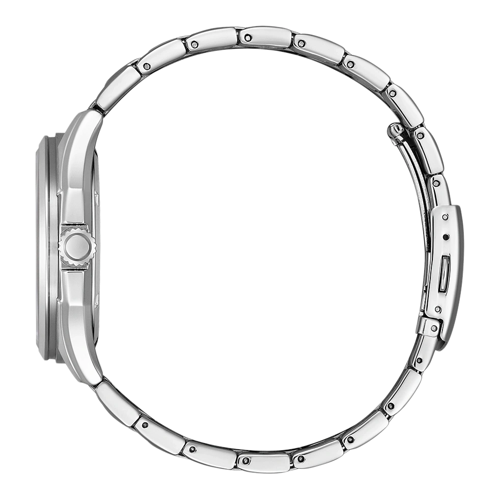 Silver watch with a metal strap, side view, elegant design, shiny