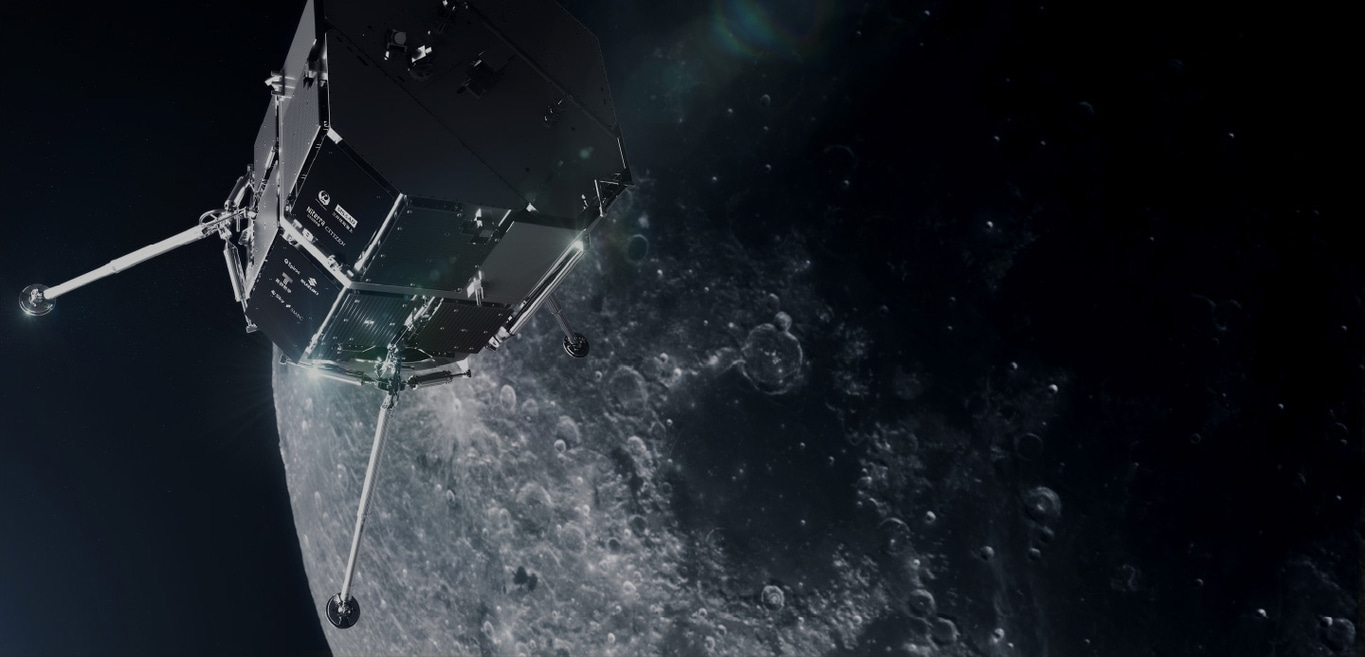 Spacecraft over the moon's surface, with craters visible in the background.