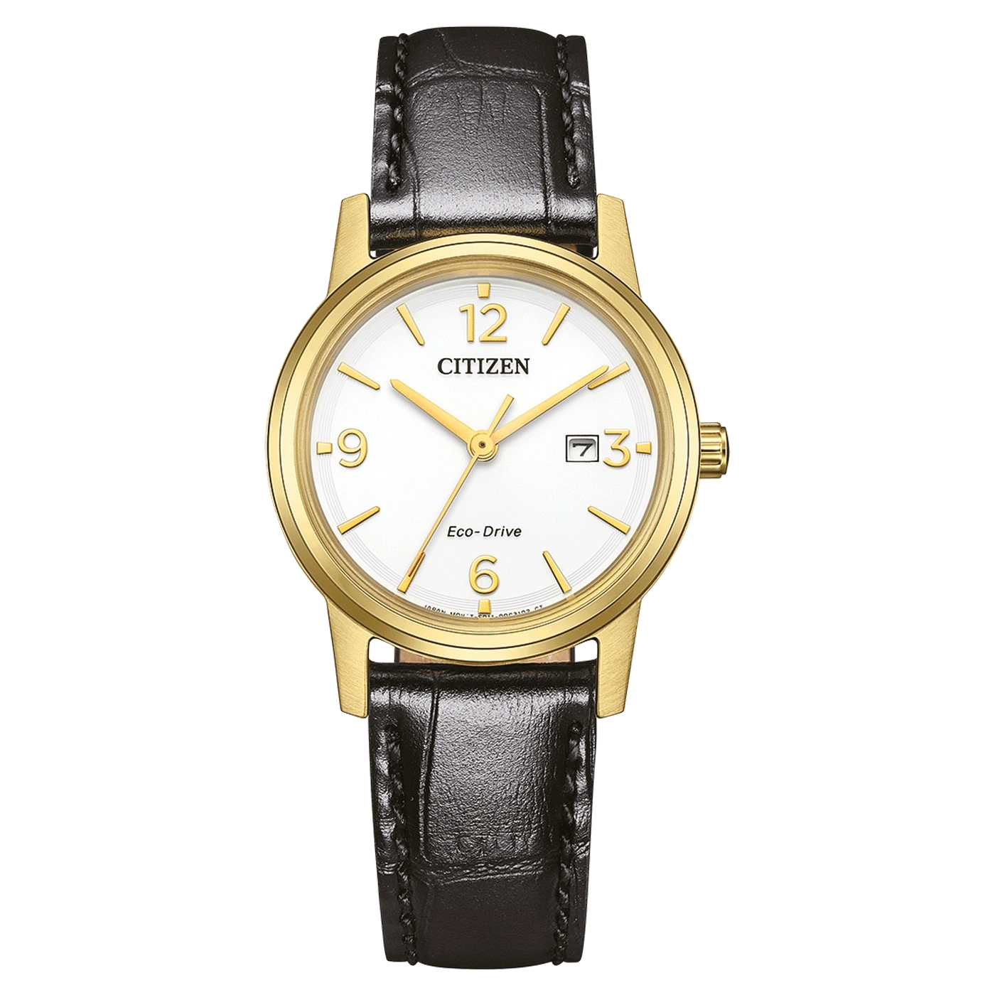 Citizen watch with gold case, white dial, and black leather strap