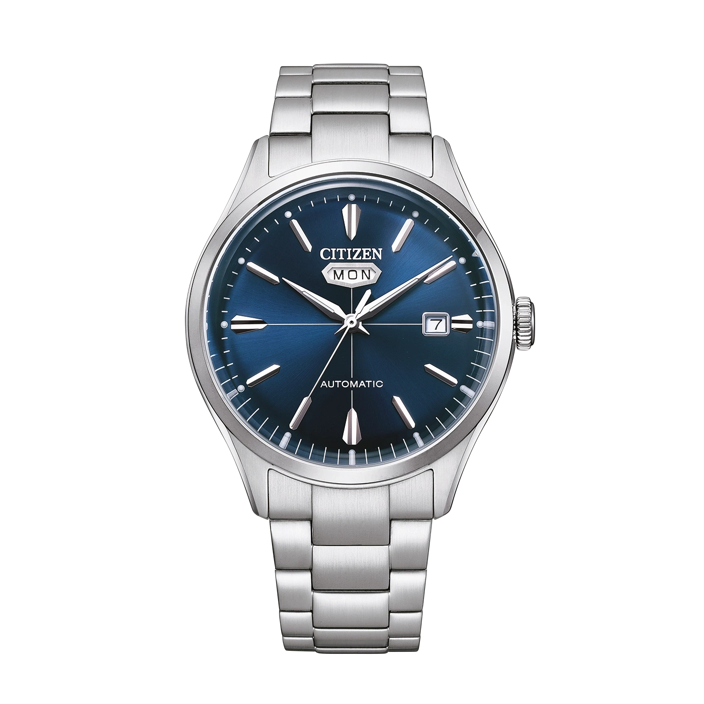 A blue Citizen automatic watch with a silver band and day-date display.