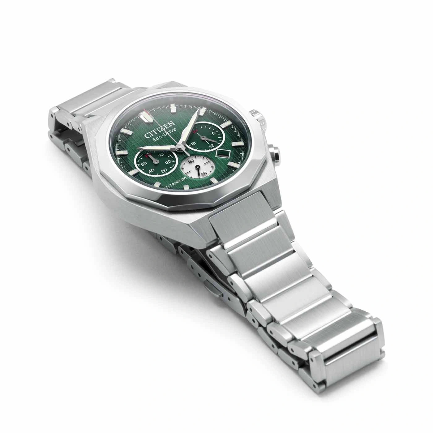 Citizen Eco-Drive watch with green dial and titanium bracelet
