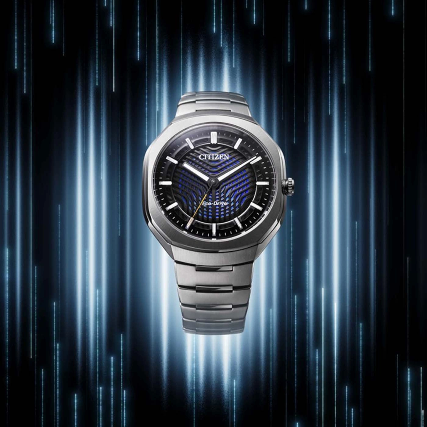 A futuristic Citizen Eco-Drive watch with a blue and black dial, set against a background of glowing blue light streaks.