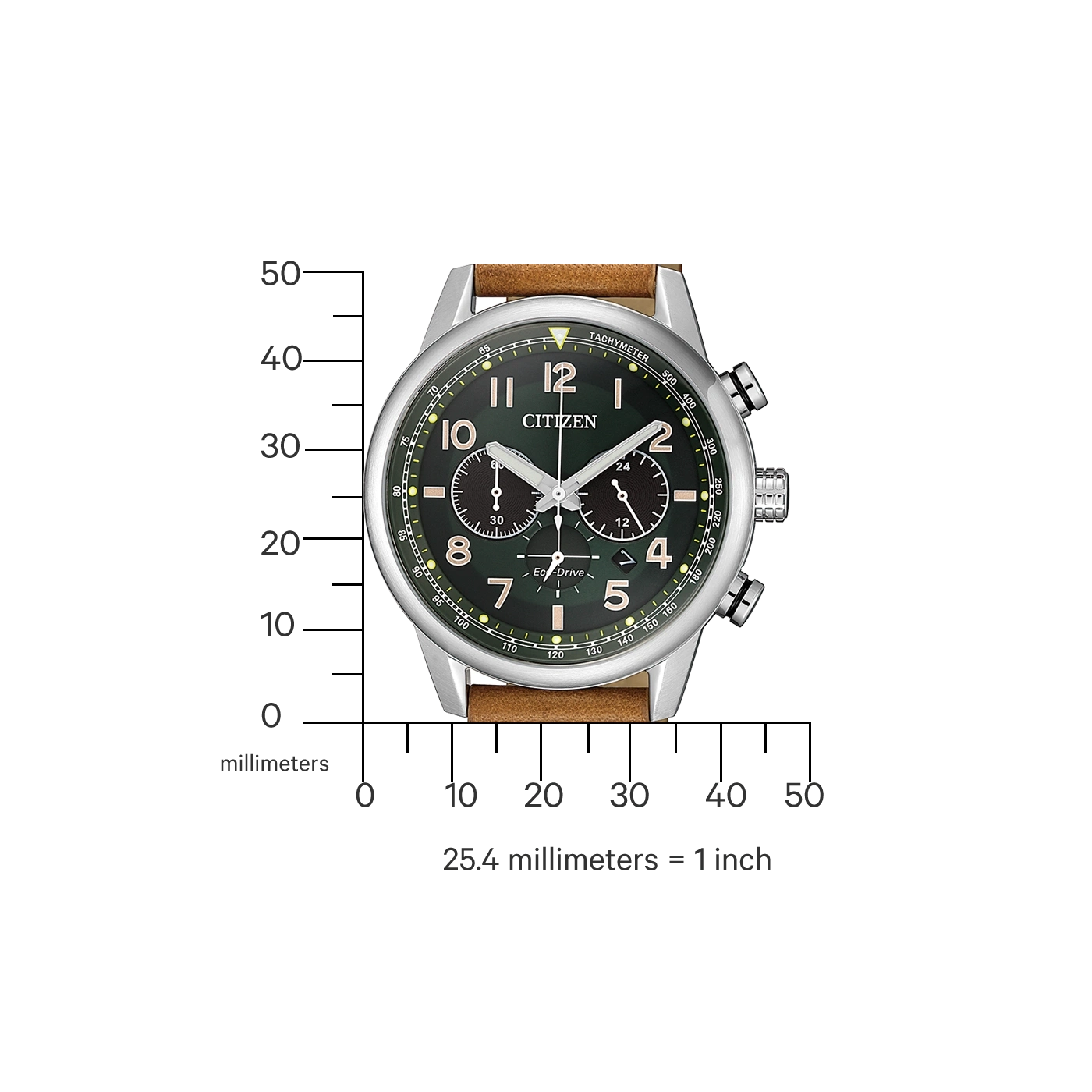 Citizen watch with a green face and brown leather strap, measuring scale.