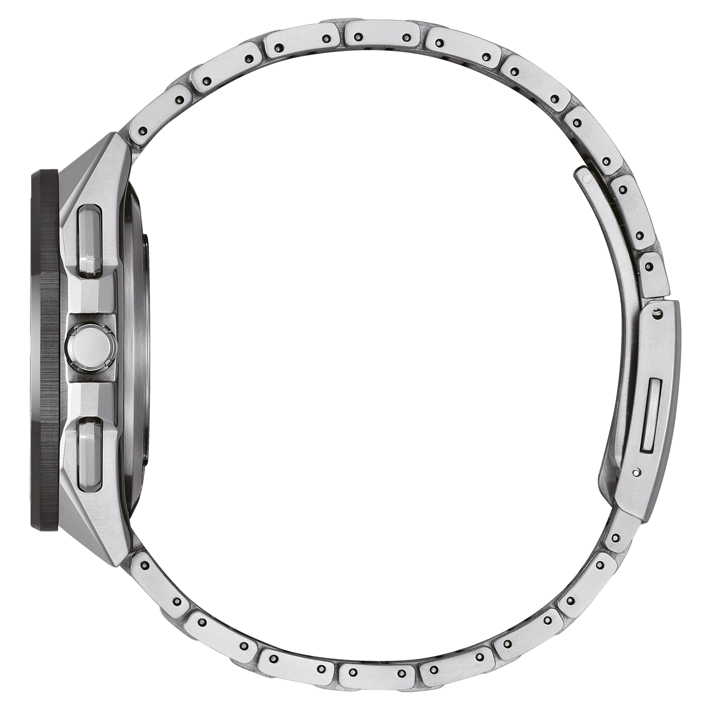 Side view of a silver wristwatch with a metal band and a round face.