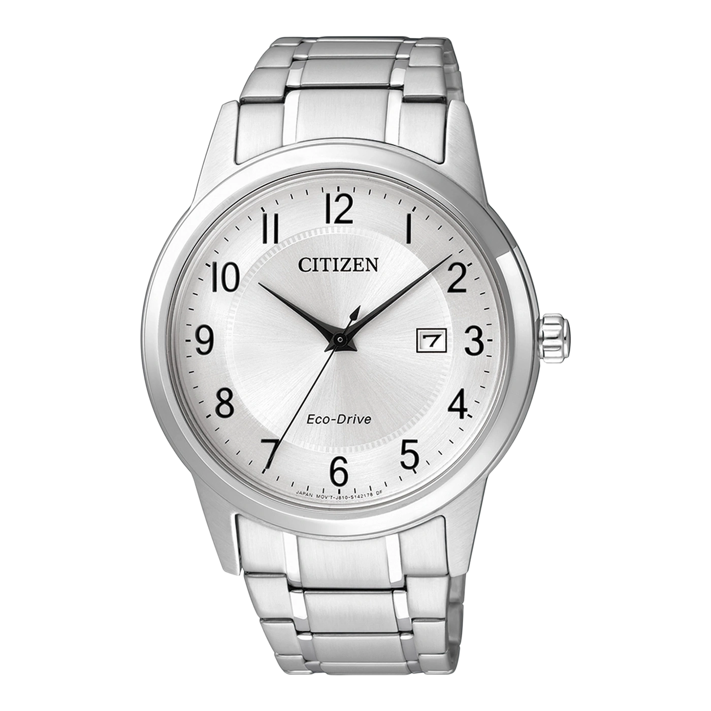 Silver Citizen Eco-Drive watch with date display and stainless steel band.