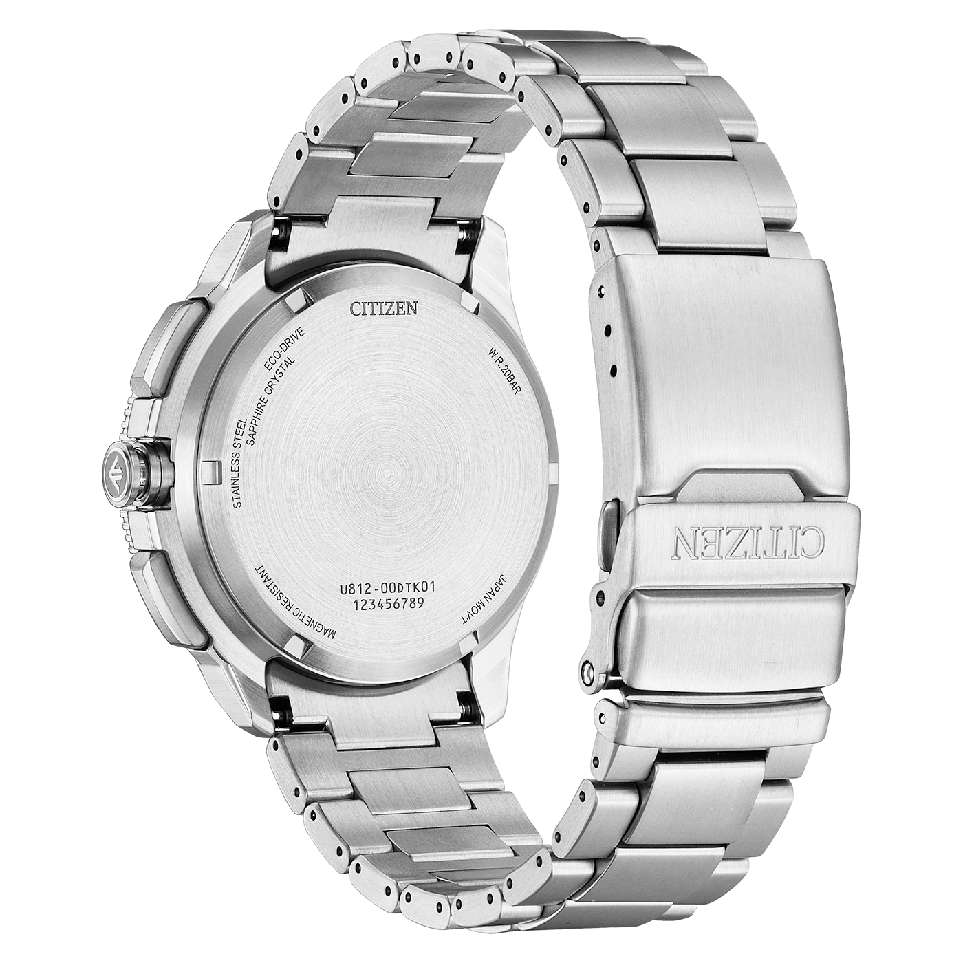Back view of a brushed stainless steel Citizen Eco-Drive watch.