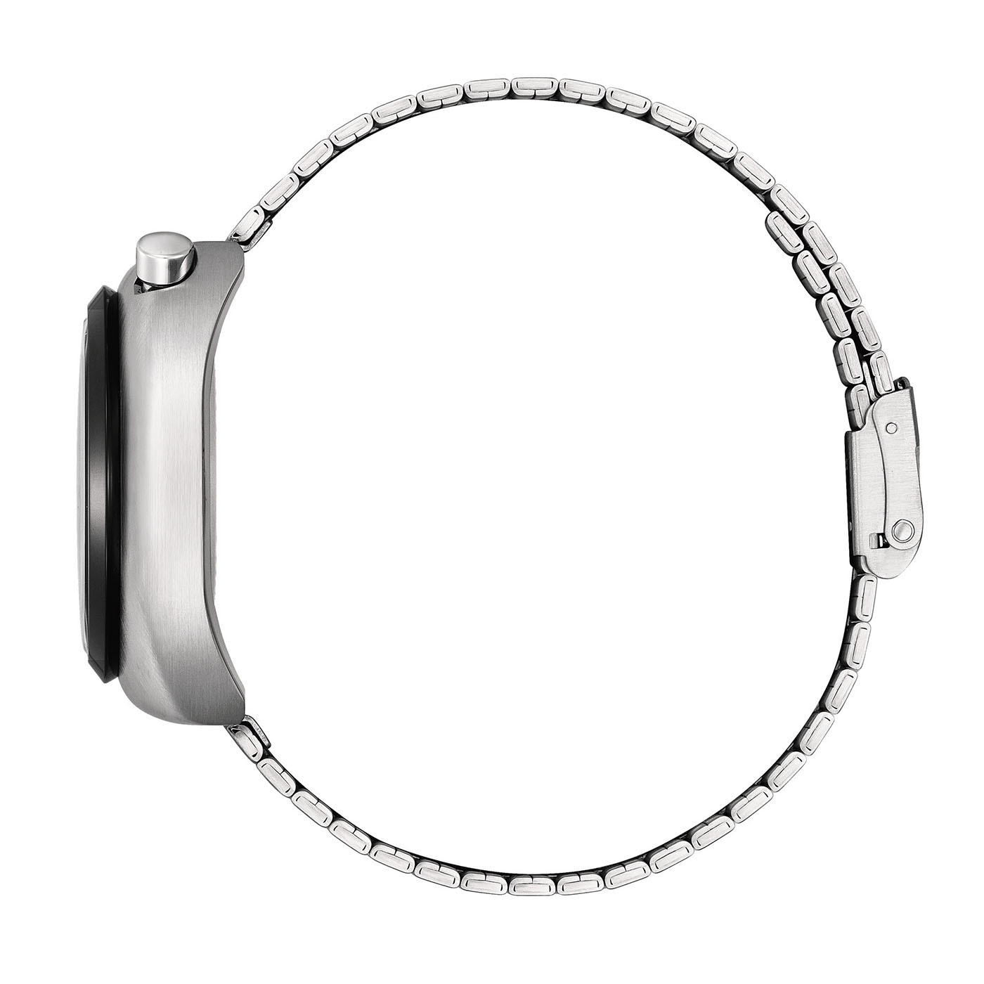 Side view of a silver watch with a metal band.