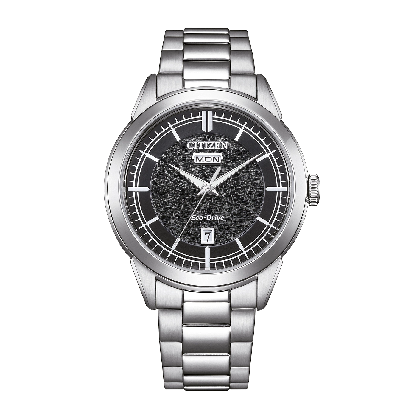 A Citizen Eco-Drive watch with a black textured dial and silver band.