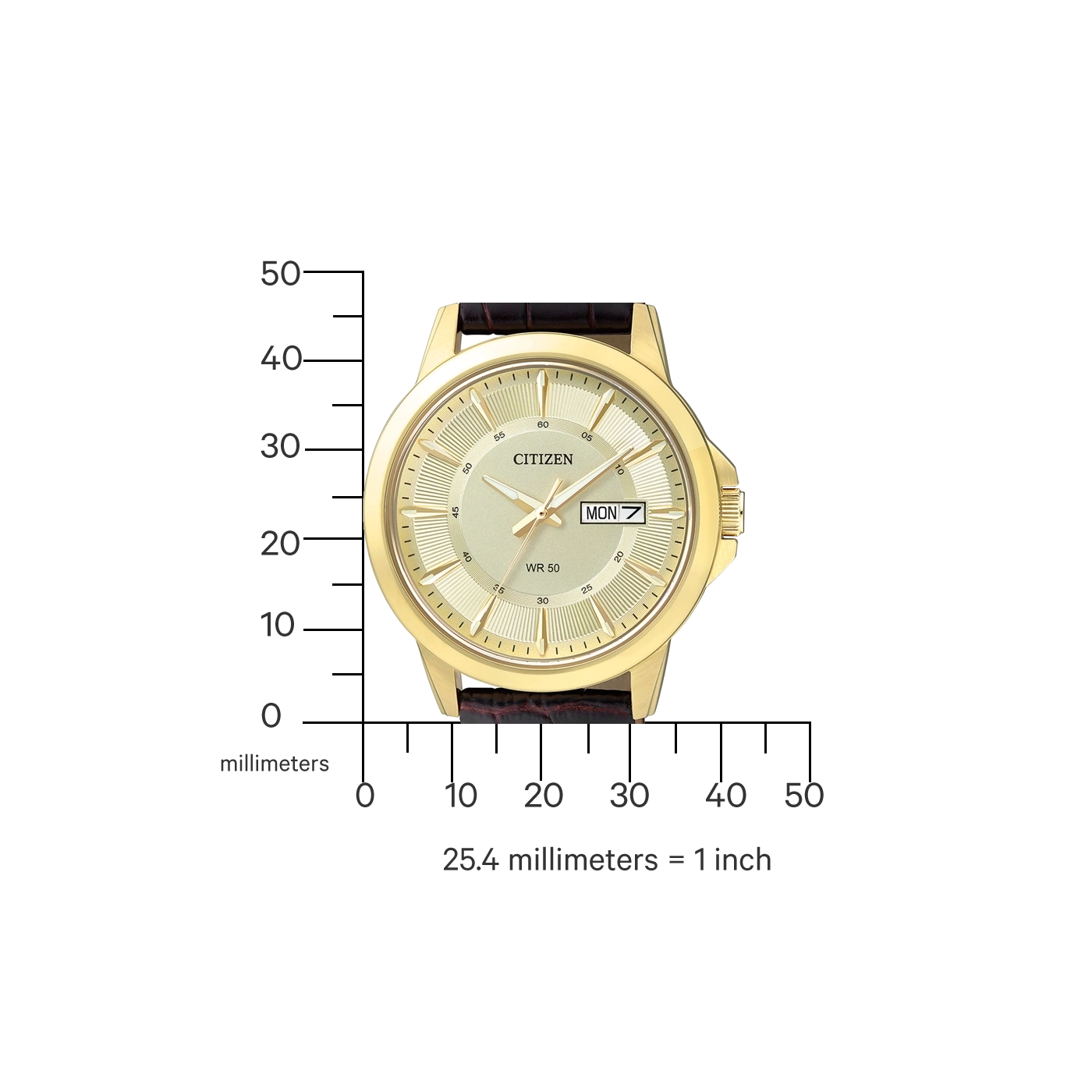 Gold Citizen watch with a brown strap, showing the day and date.