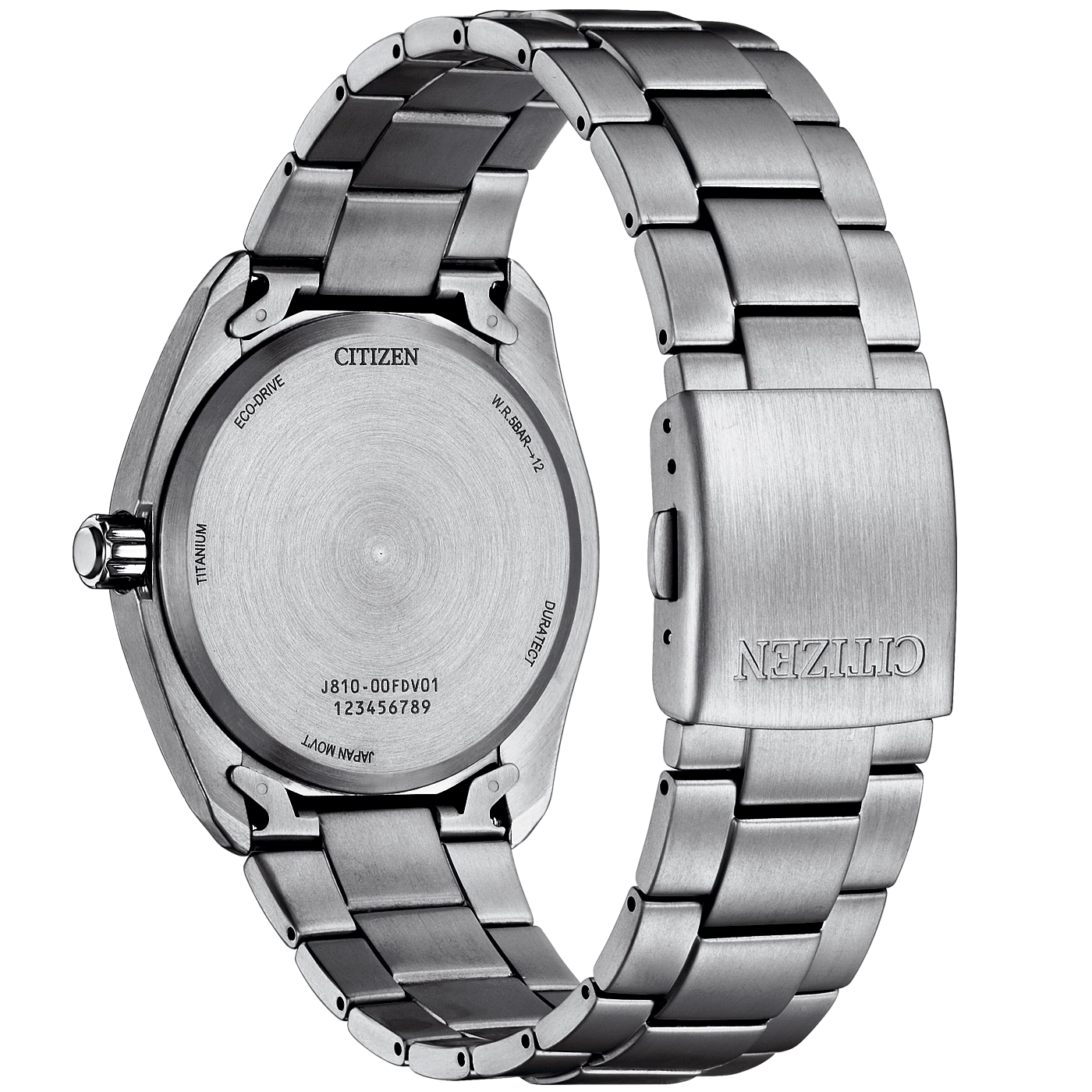 A close-up view of the back of a Citizen Eco-Drive titanium watch with model number J810-00FDV01.
