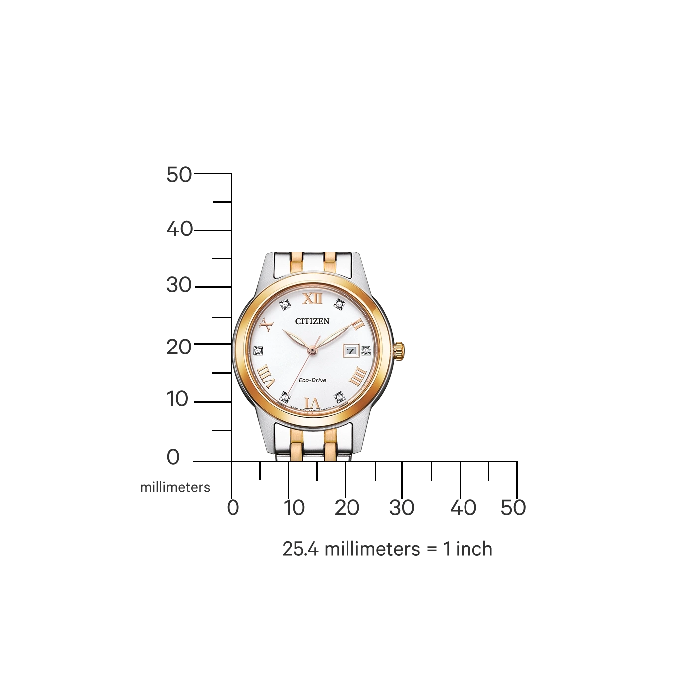Citizen watch with gold and silver accents, white face, and Roman numerals.
